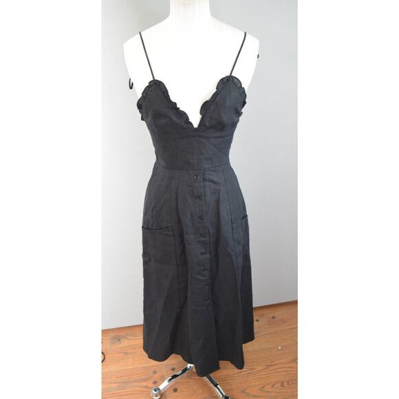 Reformation Brienne Dress Size 0 Black 100% Linen Plunge Midi Slit Button - Picture 1 of 7